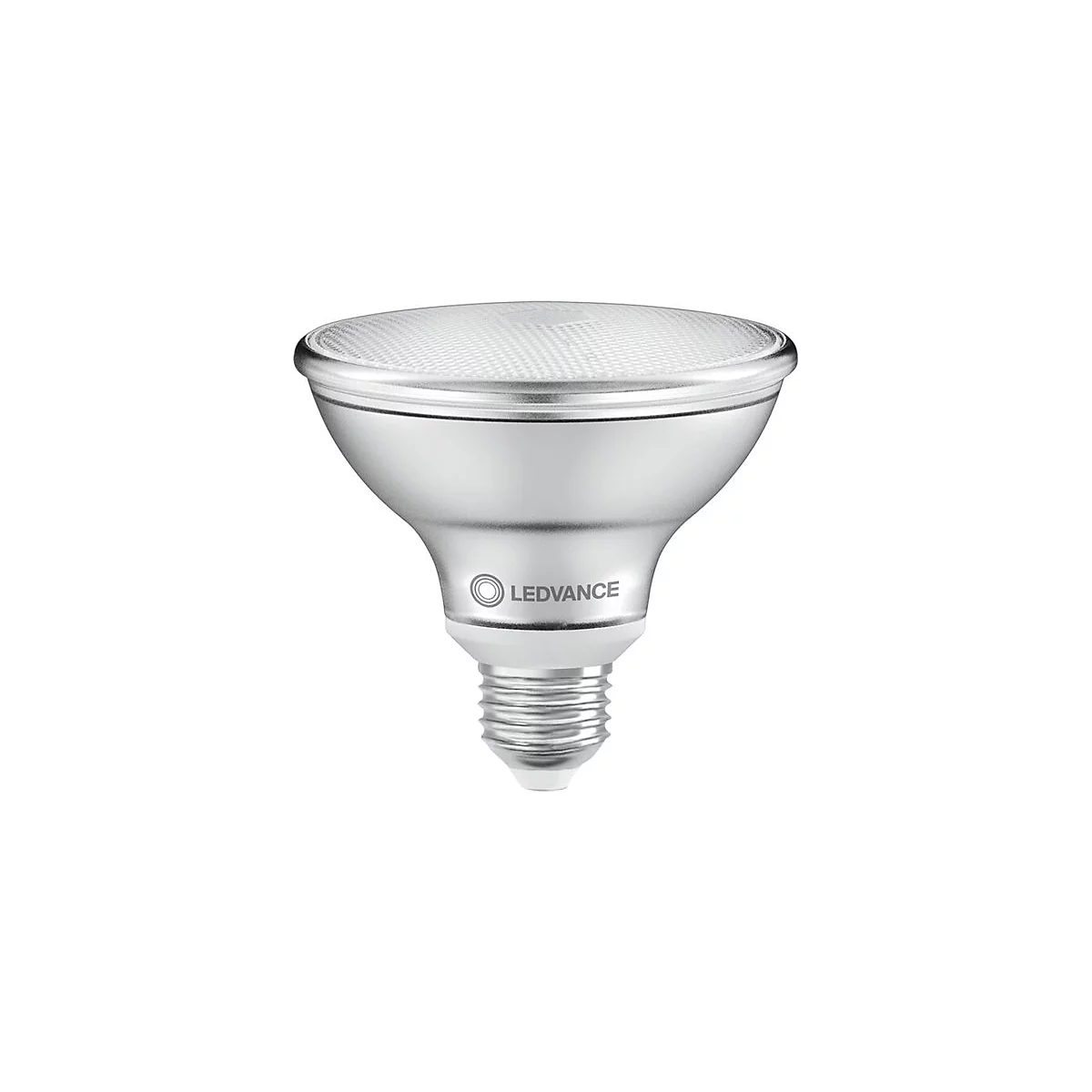 Silberne LEDVANCE PAR38 LED-Lampe mit E27-Sockel vor weißem Hintergrund.