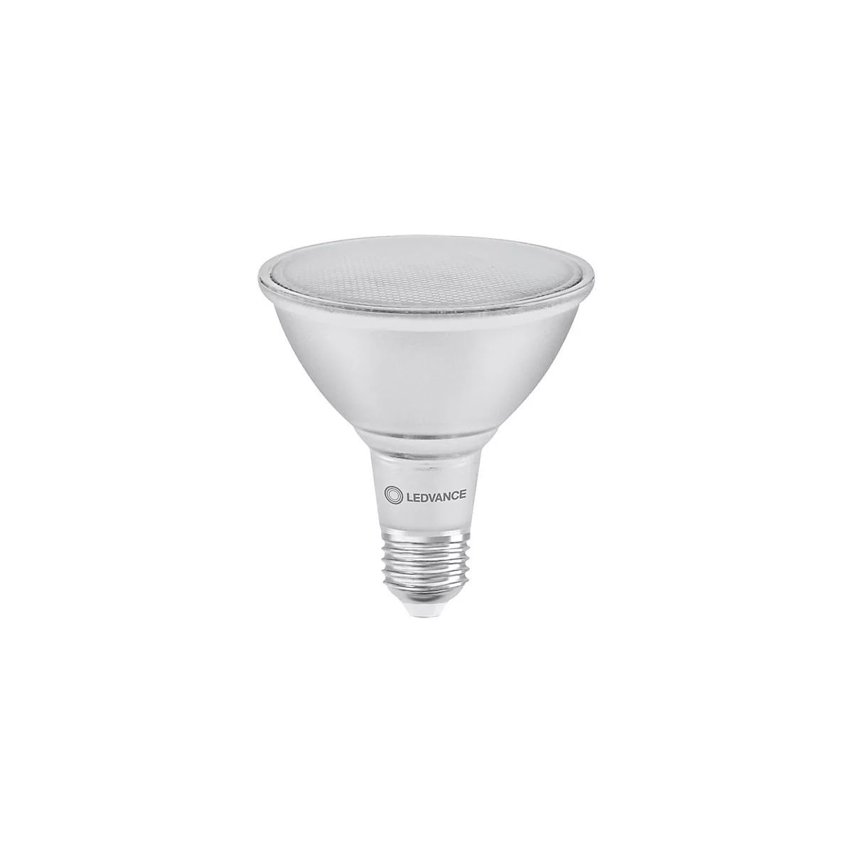 LEDVANCE LED-Reflektorlampe mit silbernem Gehäuse und strukturierter Glasfront vor weißem Hintergrund.