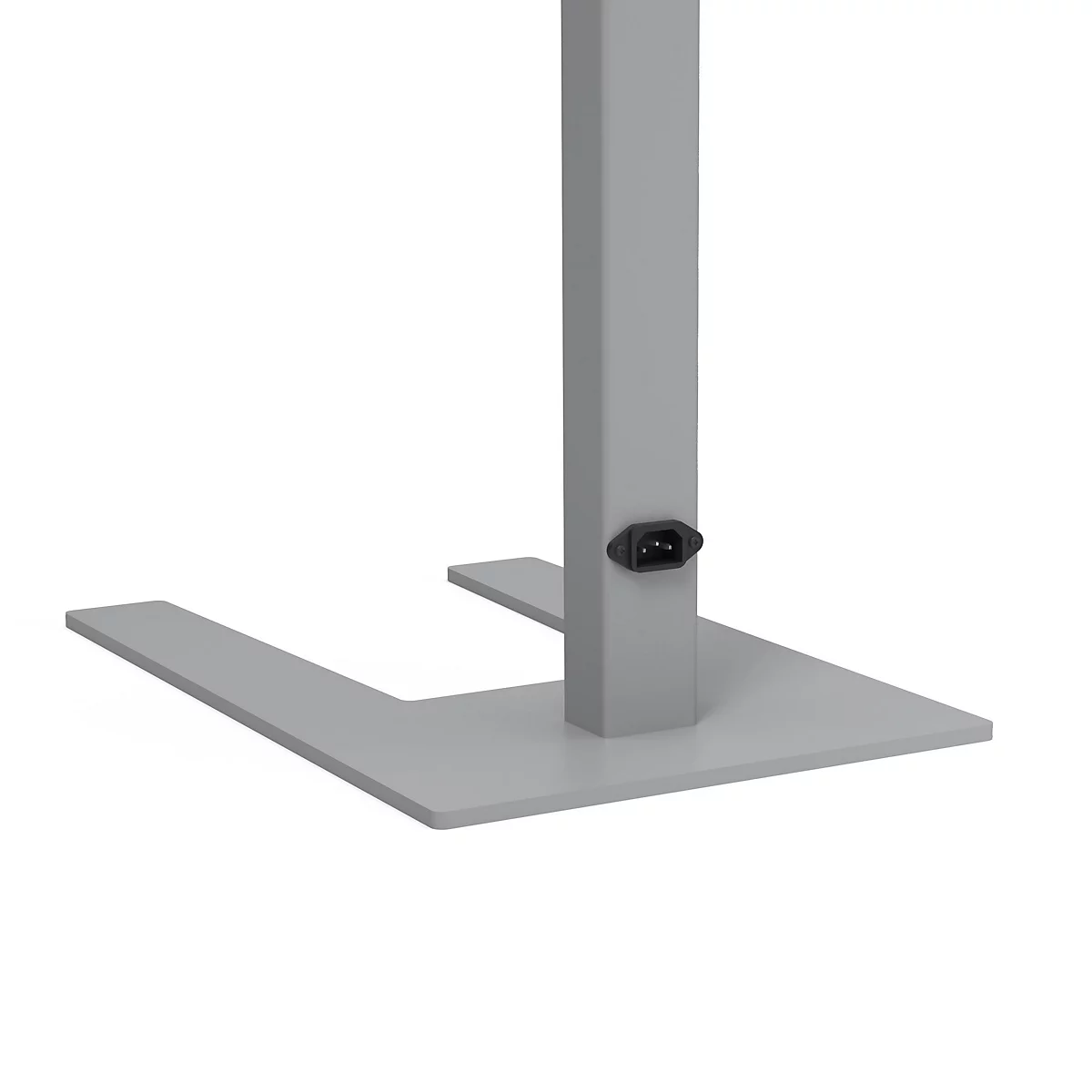Grauer, eckiger Ständer mit Steckeranschluss. Rechteckiger Fuß, senkrechte Säule mit Stecker.