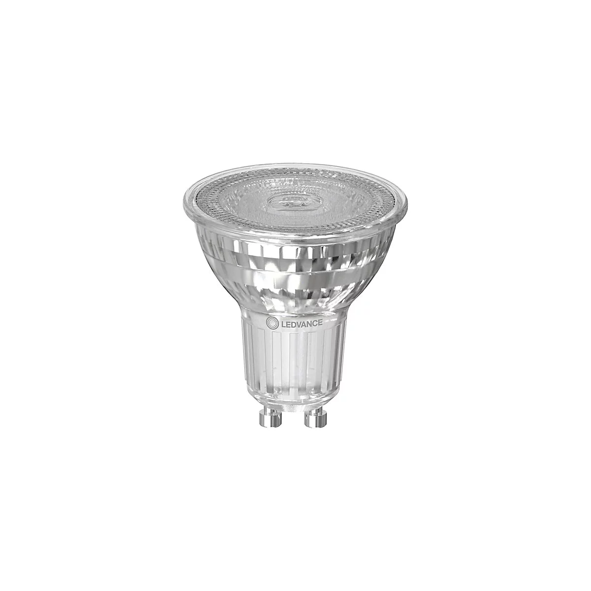 Transparente LED-Reflektorlampe mit LEDVANCE-Logo vor weißem Hintergrund.