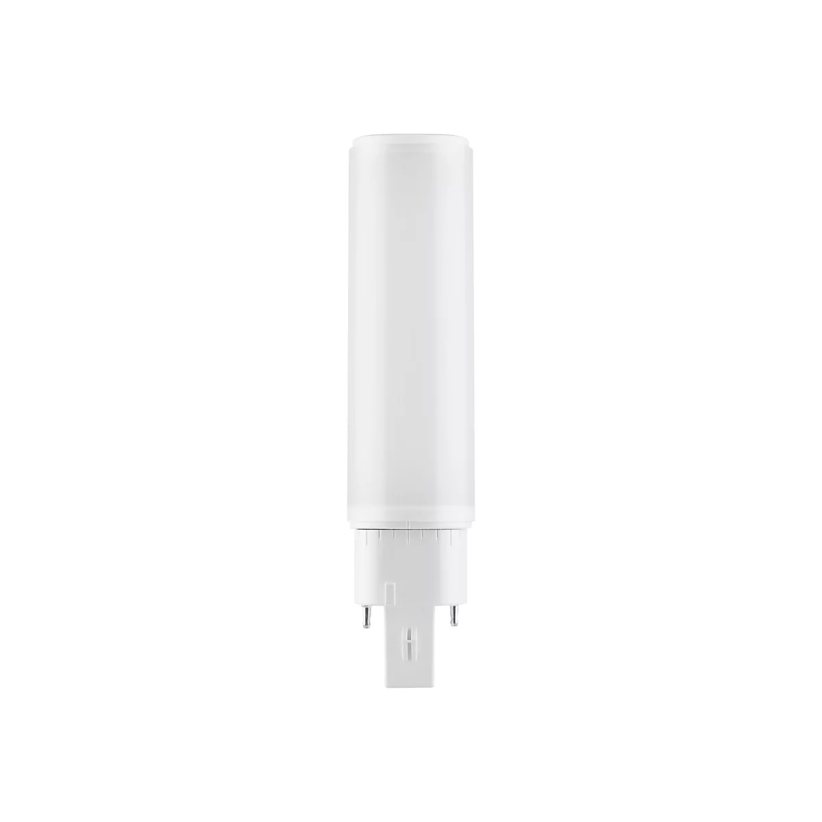 Weiße, zylindrische LED-Kompaktleuchtlampe mit Sockel vor weißem Hintergrund.