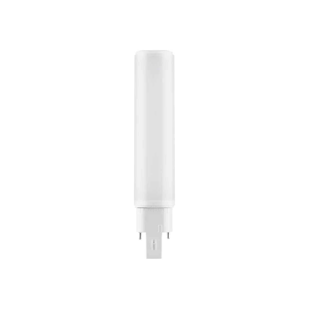 Weiße, zylindrische LED-Stablampe mit Steckanschluss vor weißem Hintergrund.