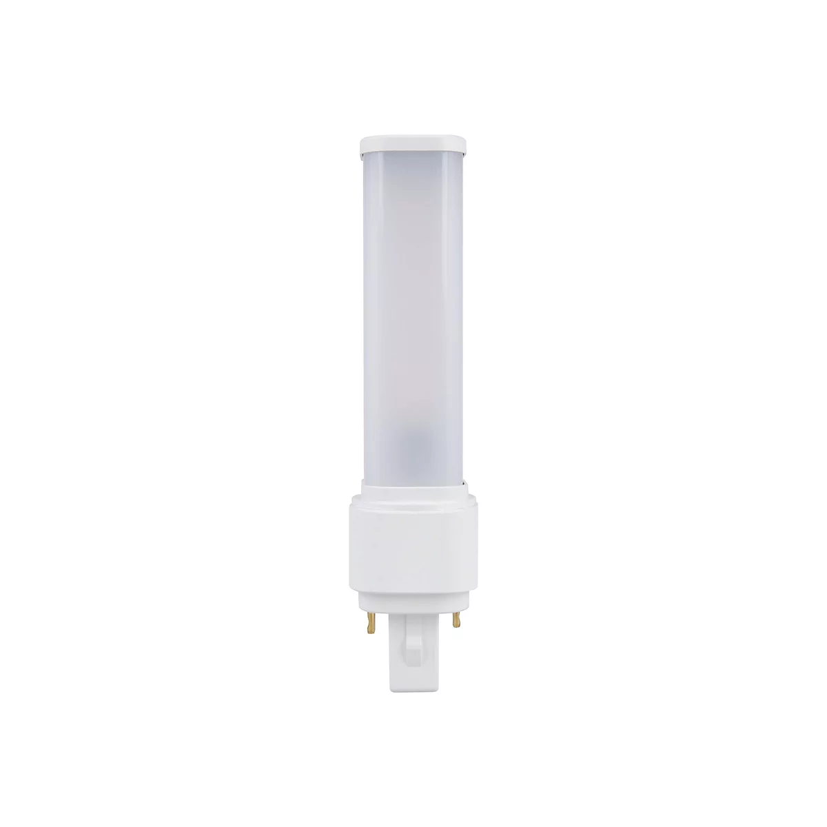 Weiße LED-Stablampe mit mattem Diffusor und Steckfuß vor weißem Hintergrund.