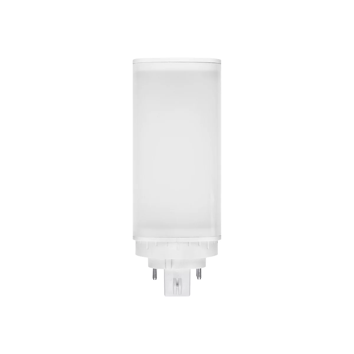 Weiße, zylindrische LED-Lampe mit Stiftsockel vor weißem Hintergrund.