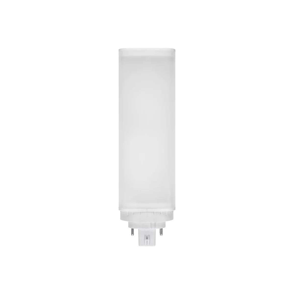 Weiße, zylindrische LED-Lampe mit Sockel vor weißem Hintergrund.