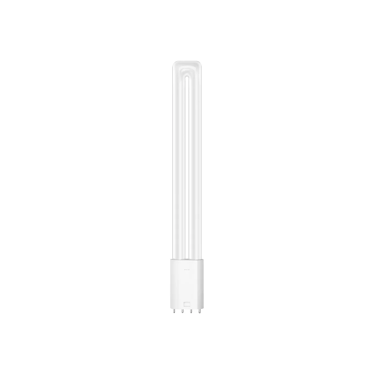 Längliche weiße Kompaktleuchtstofflampe mit U-förmigen Röhren vor weißem Hintergrund.