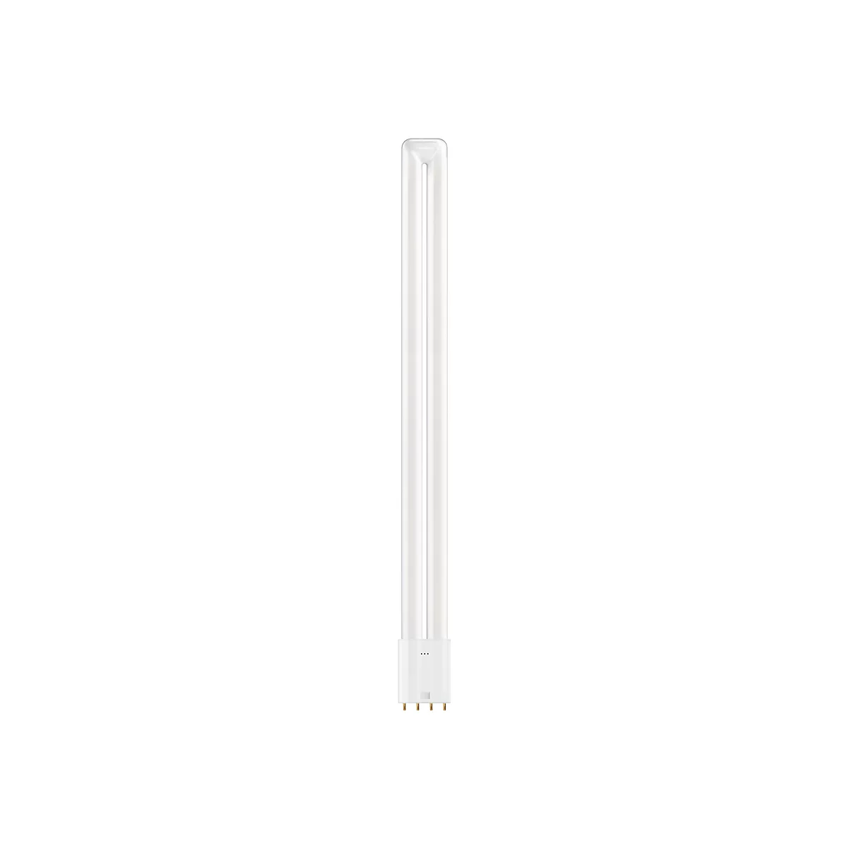 Eine längliche, weiße Kompaktleuchtstofflampe mit U-förmiger Röhre und einem Sockel mit vier Metallstiften.