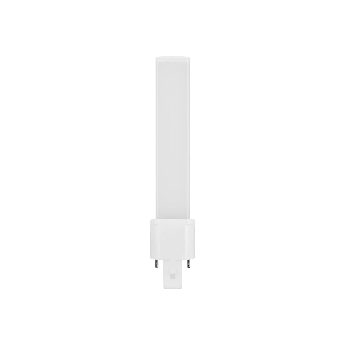 Weiße LED-Stablampe mit flacher, rechteckiger Form und zweipoligem Stecksockel vor weißem Hintergrund.