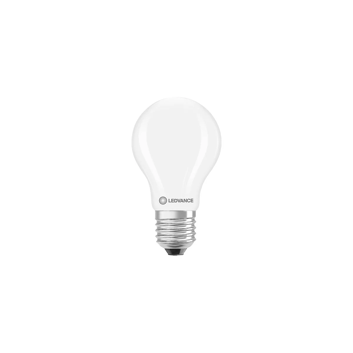 Weiße, matte LED-Lampe in klassischer Glühbirnenform mit silbernem Schraubsockel und LEDVANCE-Logo.