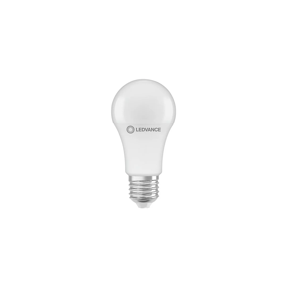 Weiße LED-Lampe in klassischer Birnenform mit E27-Sockel und LEDVANCE-Logo.