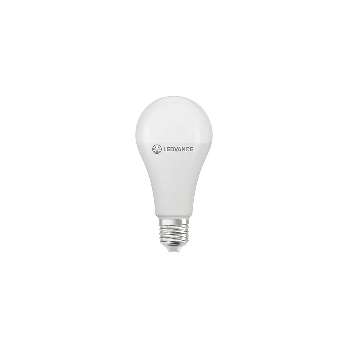 Weiße LED-Lampe in klassischer Tropfenform mit LEDVANCE Logo auf neutralem Hintergrund.