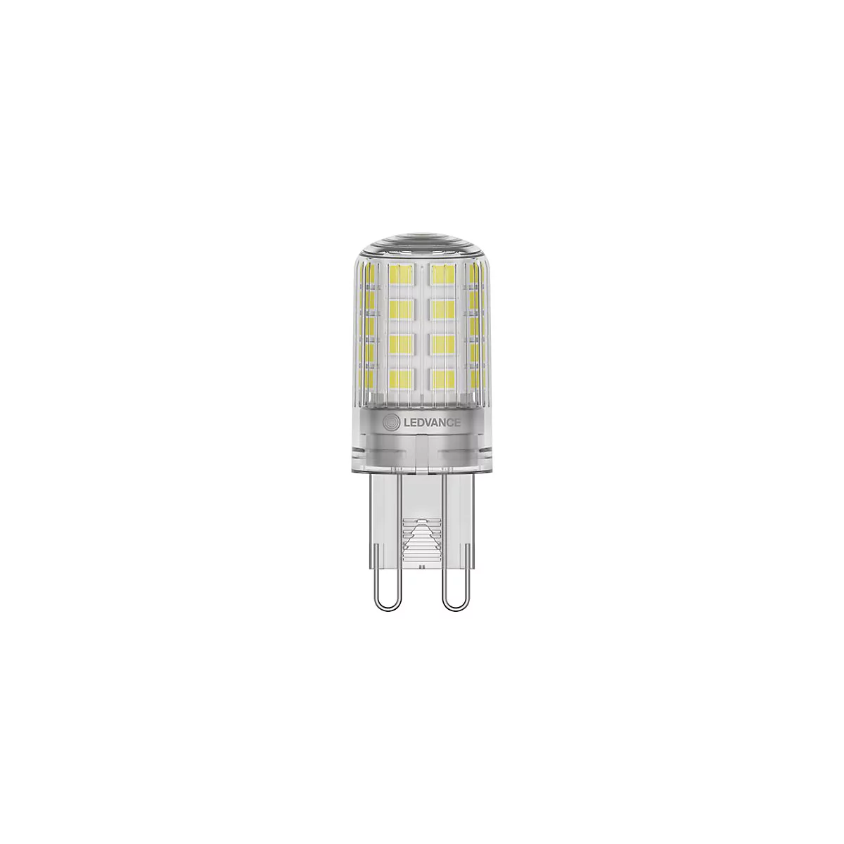 LEDVANCE LED-Lampe mit Kapselform und G9-Sockel vor weißem Hintergrund.