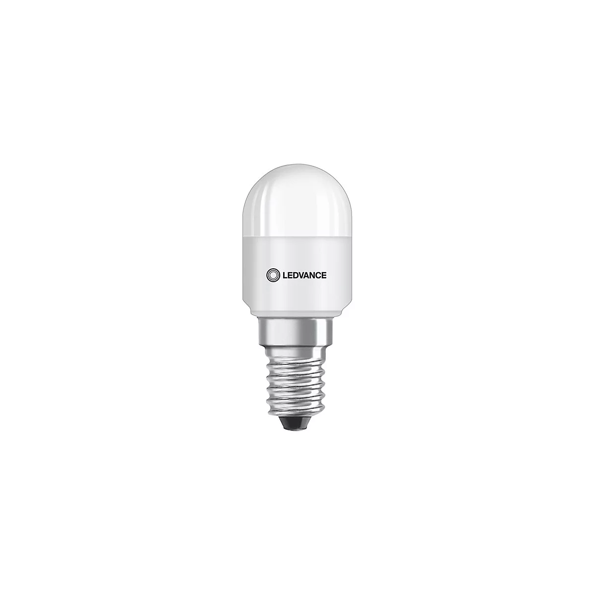 Weiße LED-Lampe in Röhrenform mit LEDVANCE Logo auf einem silbernen E14-Gewindesockel.