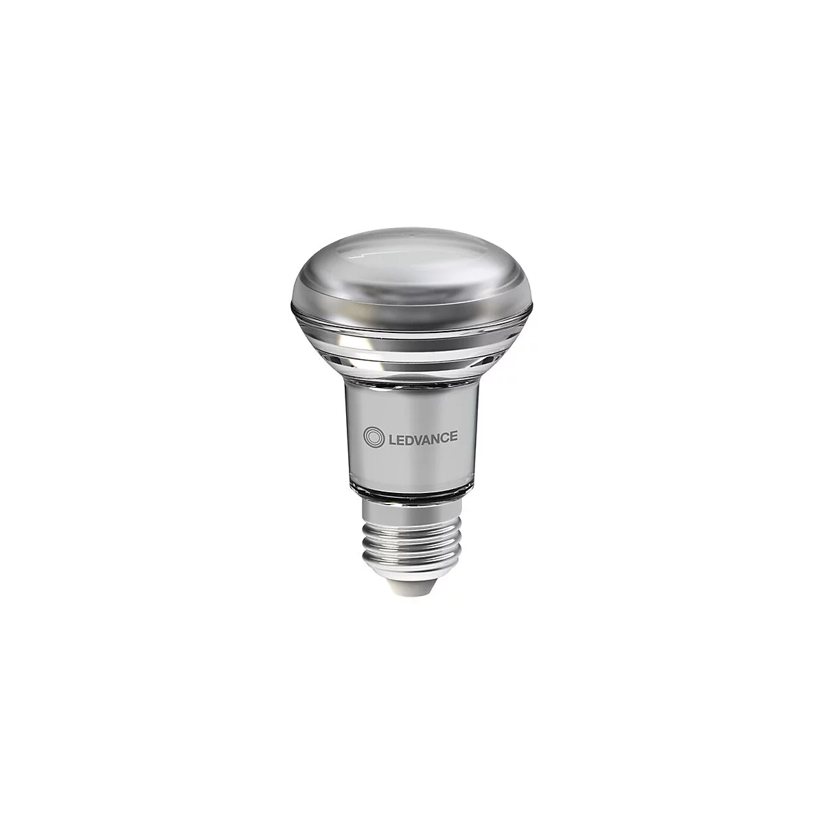 Silberne LEDVANCE Reflektorlampe mit E27-Sockel vor weißem Hintergrund.