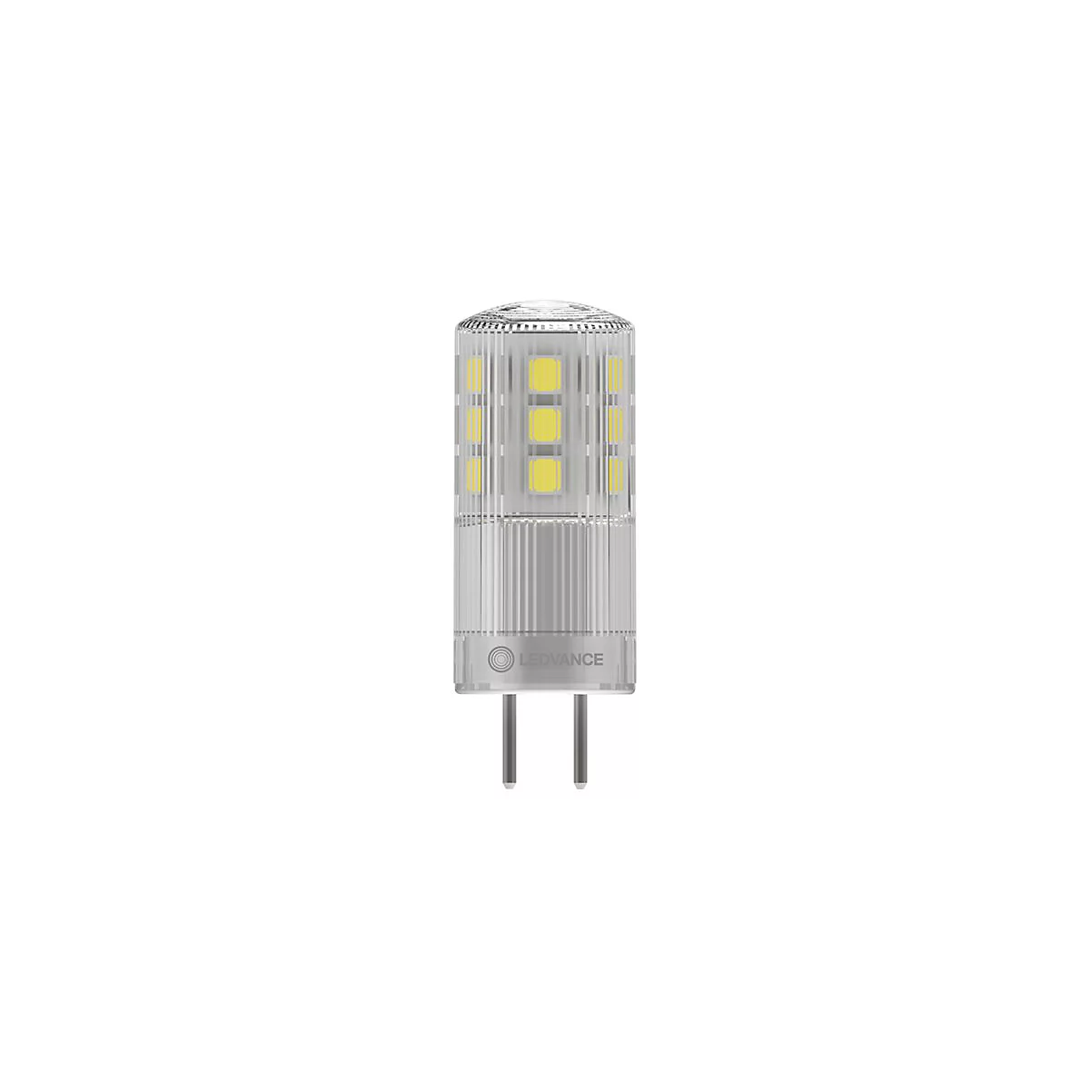 Kleine zylindrische LED-Stiftsockellampe mit klarem Gehäuse und sichtbaren gelben LED-Chips.