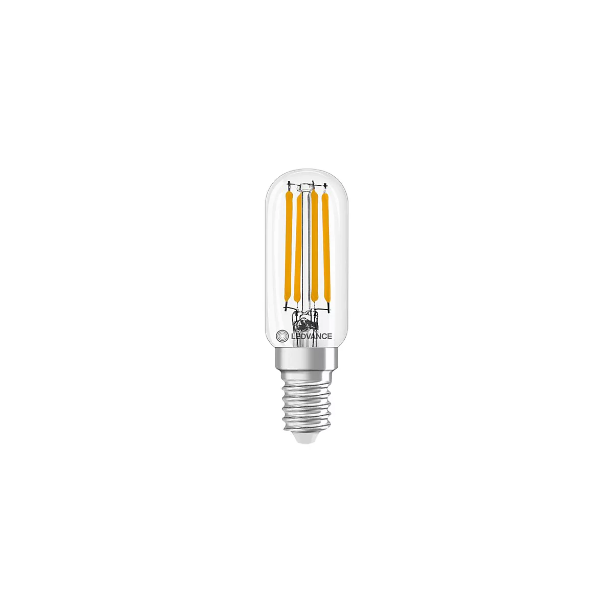 Klar gläserne LED-Lampe mit sichtbaren, gelben Filament-Fäden und silbernem E14-Gewinde von Ledvance.