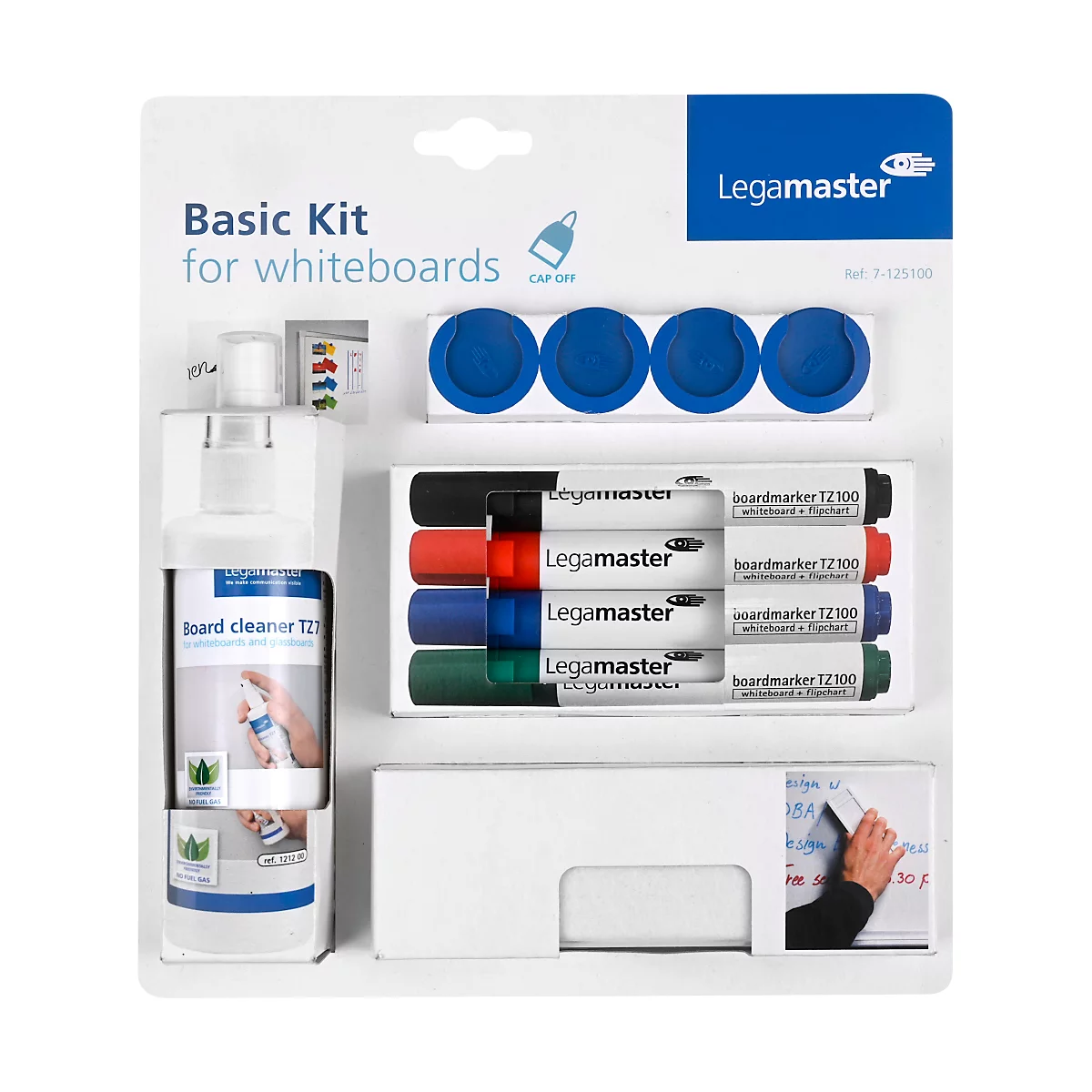 Whiteboard basic kit: cleaner, magnets, markers and sponge.