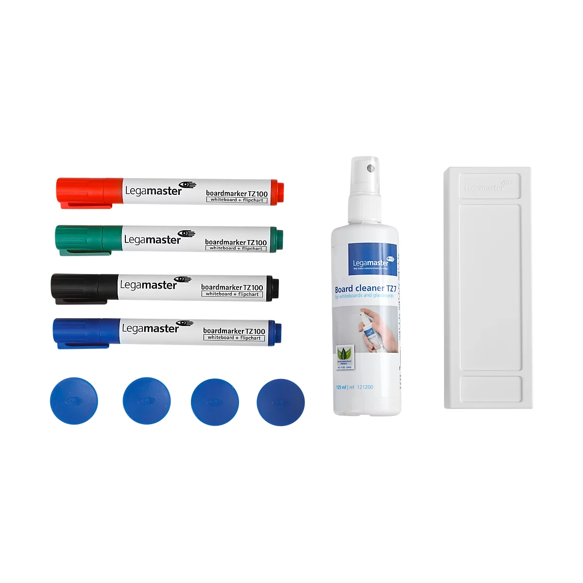 Set of board markers, cleaner, magnets and eraser. Colors: red, green, black, blue.
