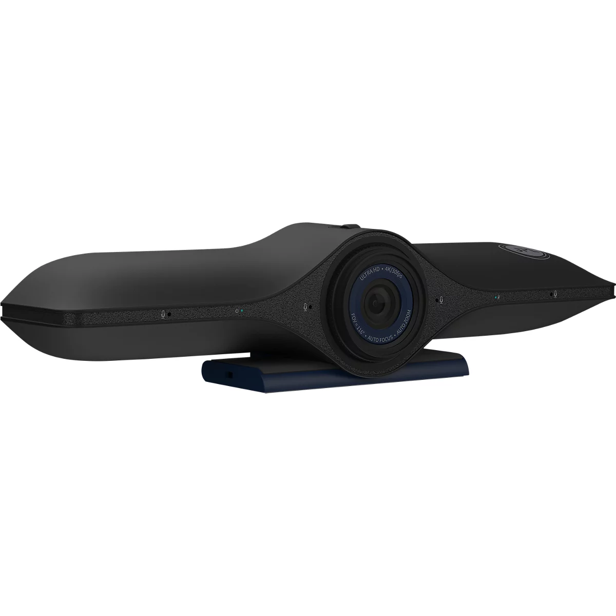 Zwarte videoconferentiewebcam met blauwe lens en standaard. De camera is gecentreerd op een witte ondergrond.