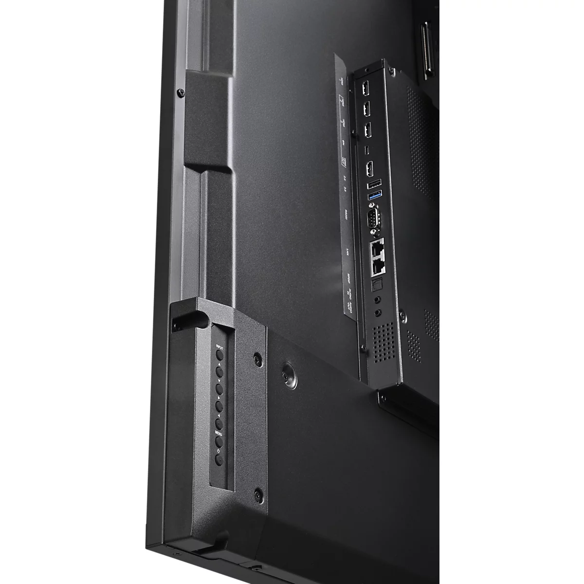 Gros plan de l'arrière d'un écran noir avec ports, boutons et supports.