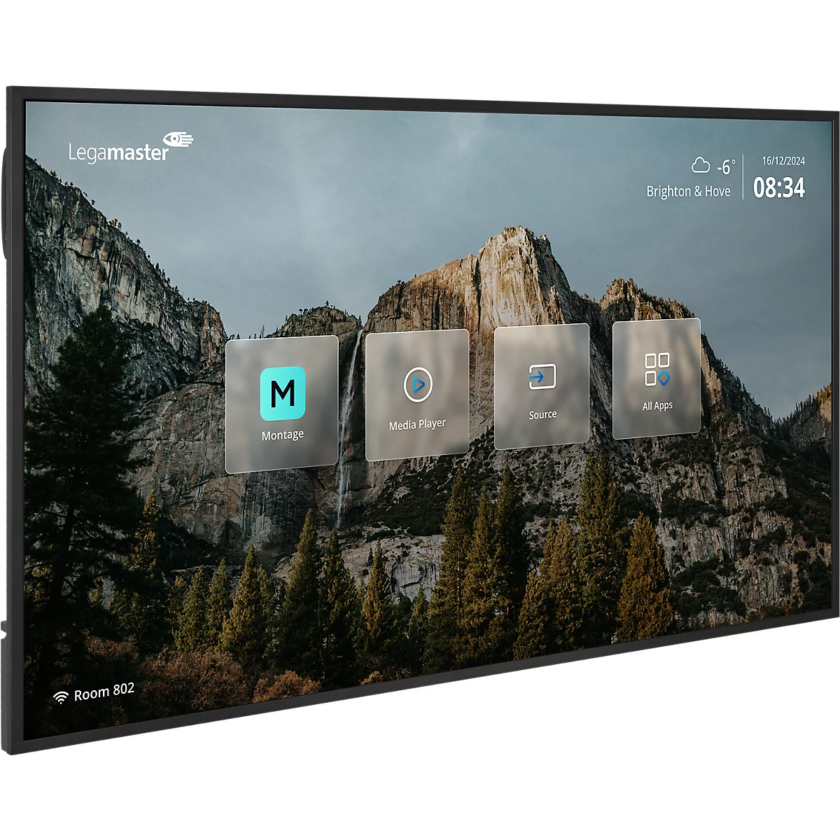 Zwart interactief display met landschapsachtergrond, tijd en app-iconen. Room 802.