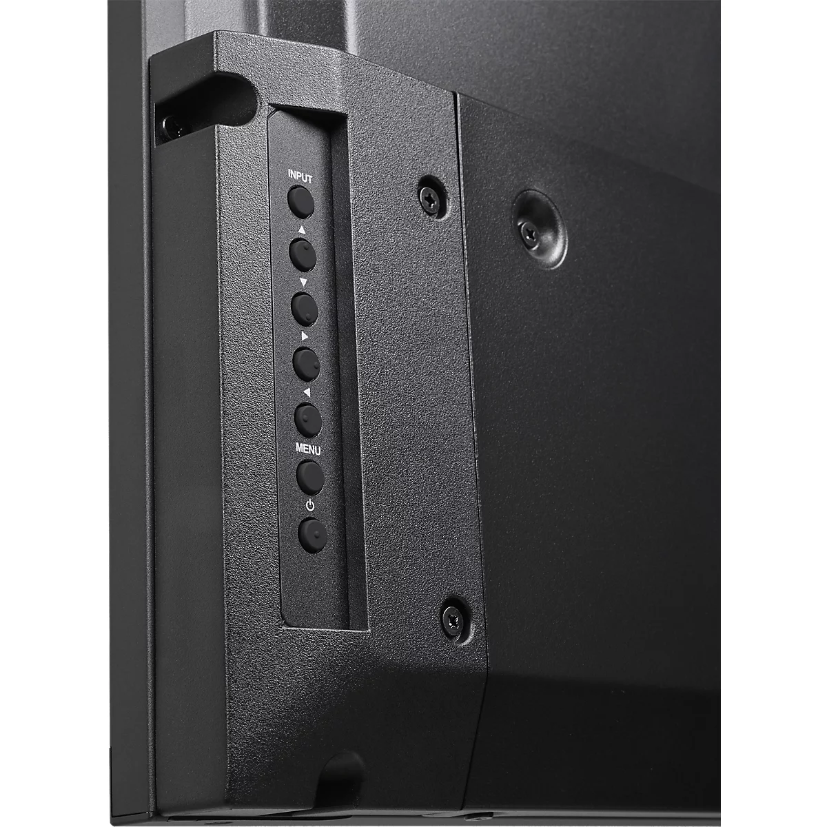 Close-up van de bedieningselementen van een tv. Serie knoppen waaronder input en menu.