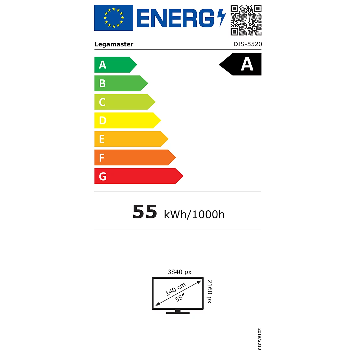 Energielabel eines Fernsehers mit den Noten von A bis G. Der Fernseher hat eine Diagonale von 55 Zoll.