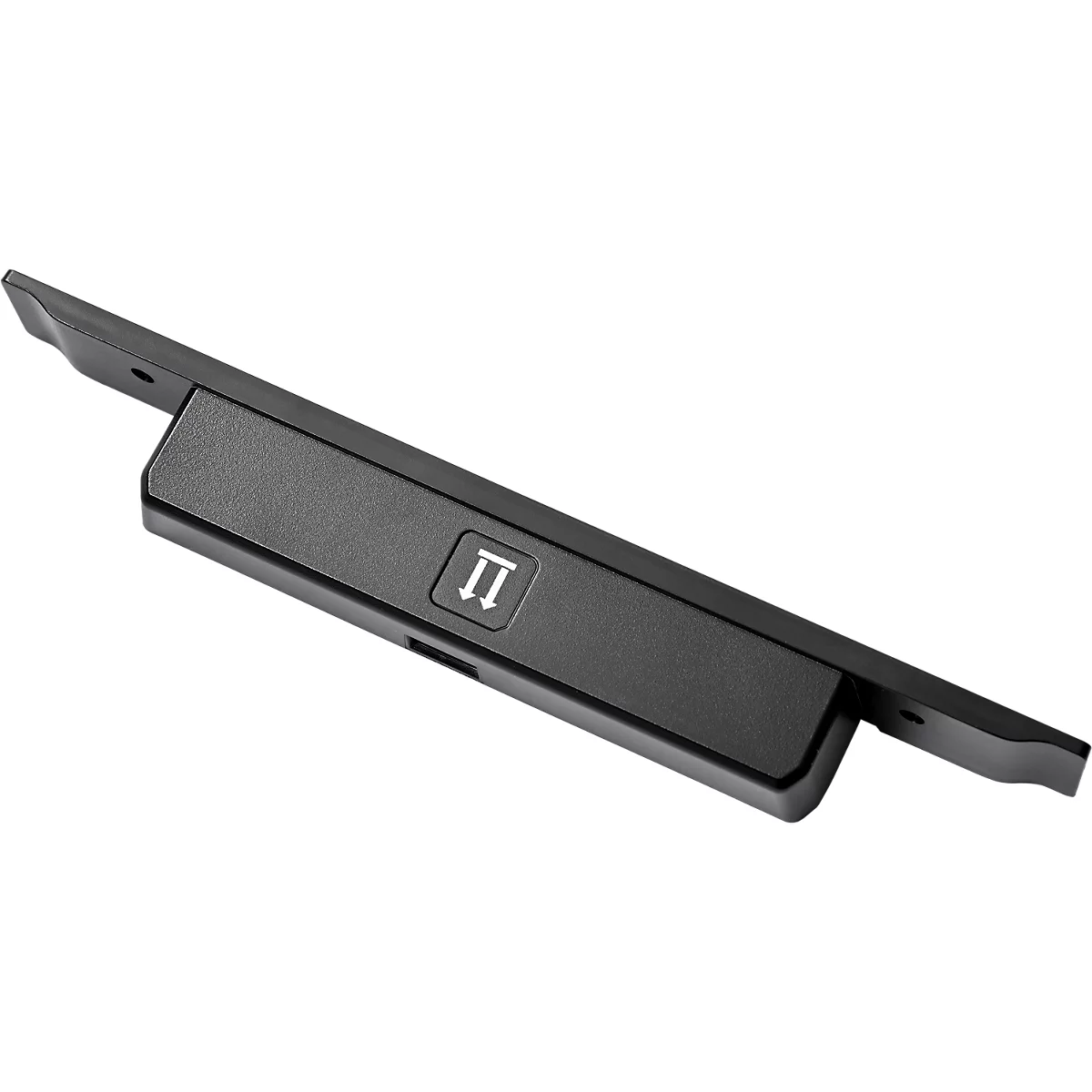 Appareil rectangulaire noir avec un symbole de flèche sur un bouton. En dessous, un petit port. L'appareil est placé en biais.