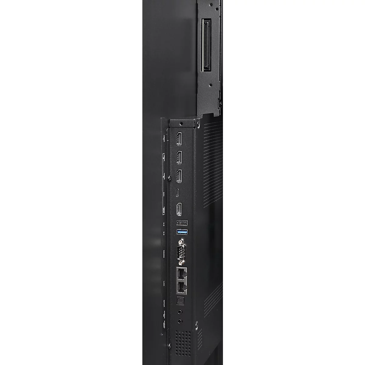 Close-up van de achterkant van een zwart scherm met verschillende poorten, zoals HDMI en LAN.