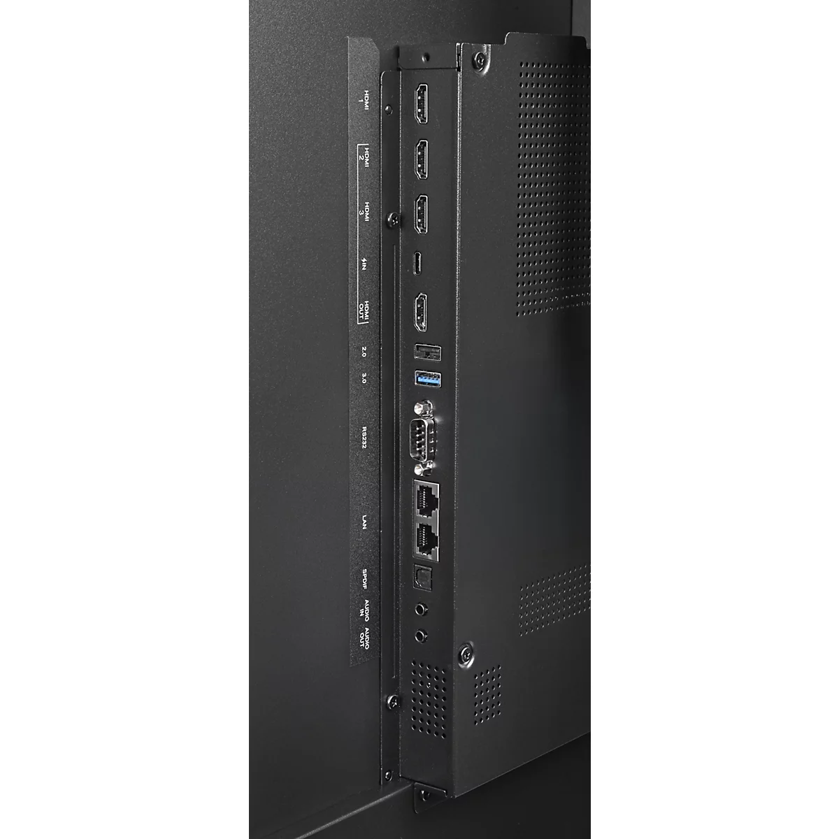 Gros plan de l'arrière d'un écran noir avec une variété de ports, dont HDMI, USB et Ethernet.