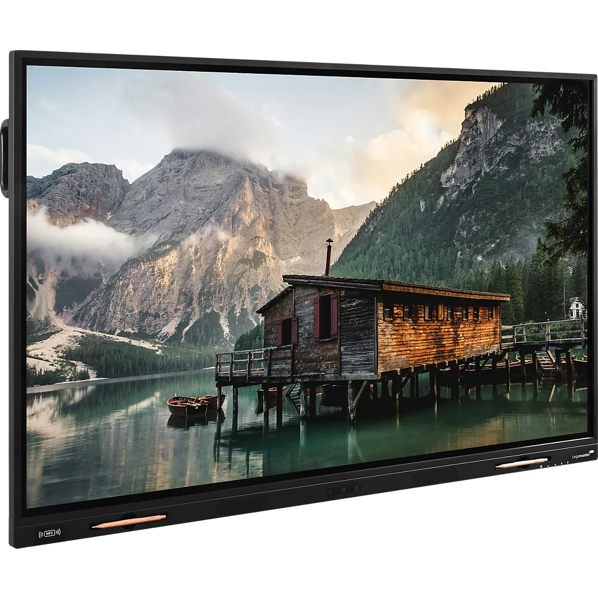 Tableau blanc interactif affichant un paysage de lac de montagne pittoresque avec une cabane en bois. Cadre noir, accents dorés.