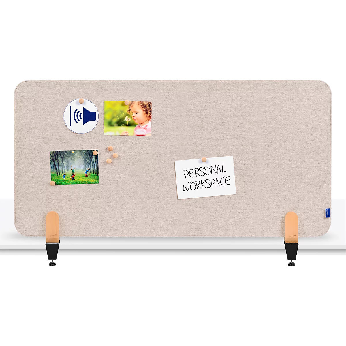 Legamaster Elements akoestische tafelafscheiding, PET-kern, stofoppervlak vast te pinnen, incl. 2 tafelklemmen, B 1200 x H 600 x D 21 mm, zacht beige