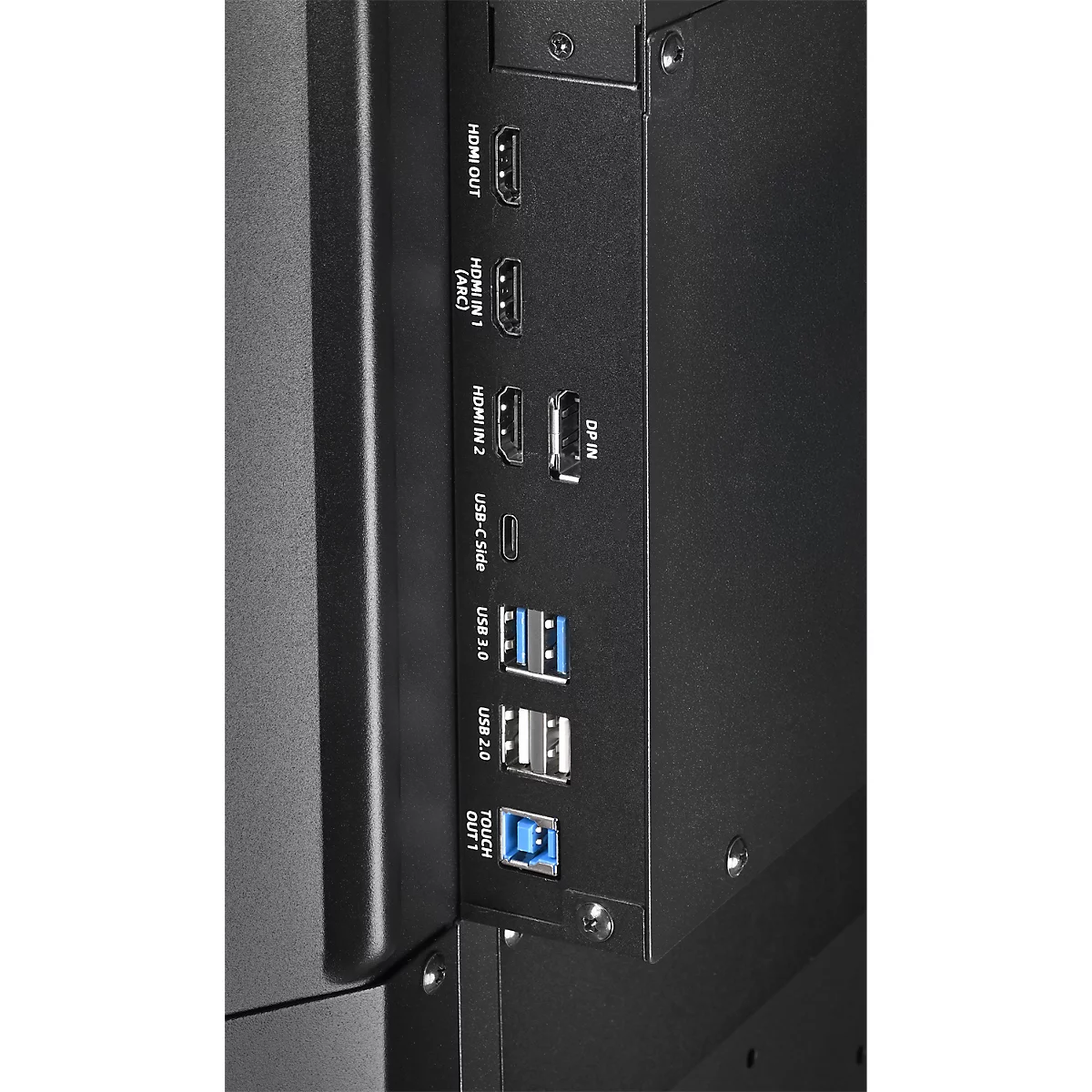 Close-up van het connectorpaneel van een monitor met HDMI-, USB- en andere poorten.