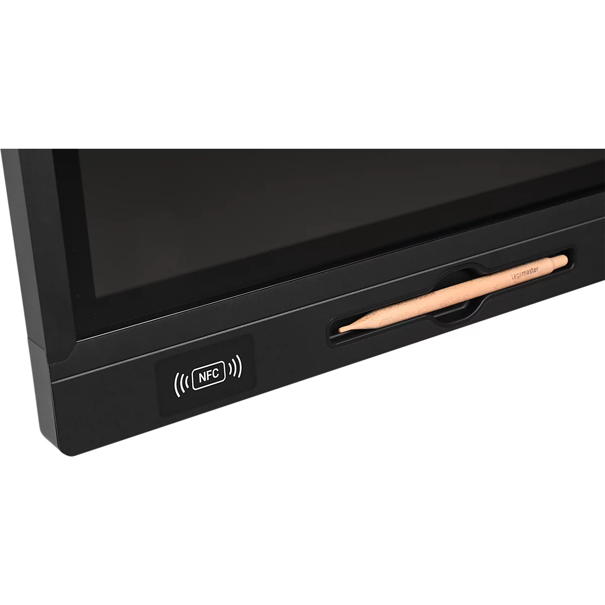 Close-up van een zwart displaypaneel, een stylus en een NFC-symbool.