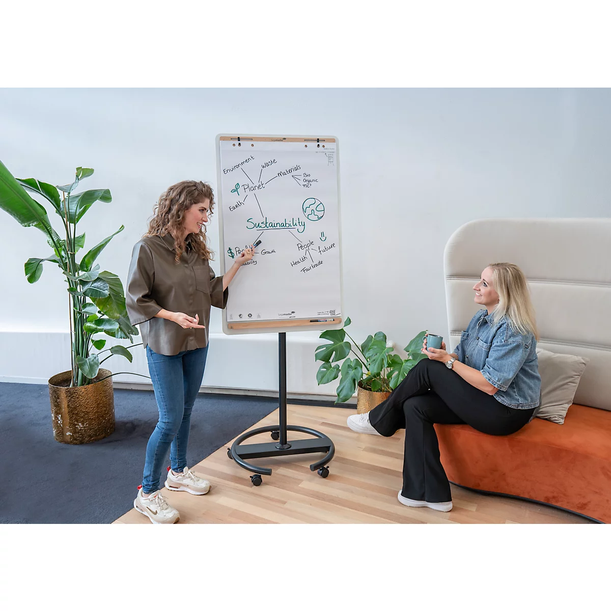 Une femme explique des diagrammes sur un tableau de conférence, l'autre écoute. Plantes et canapé au bureau.