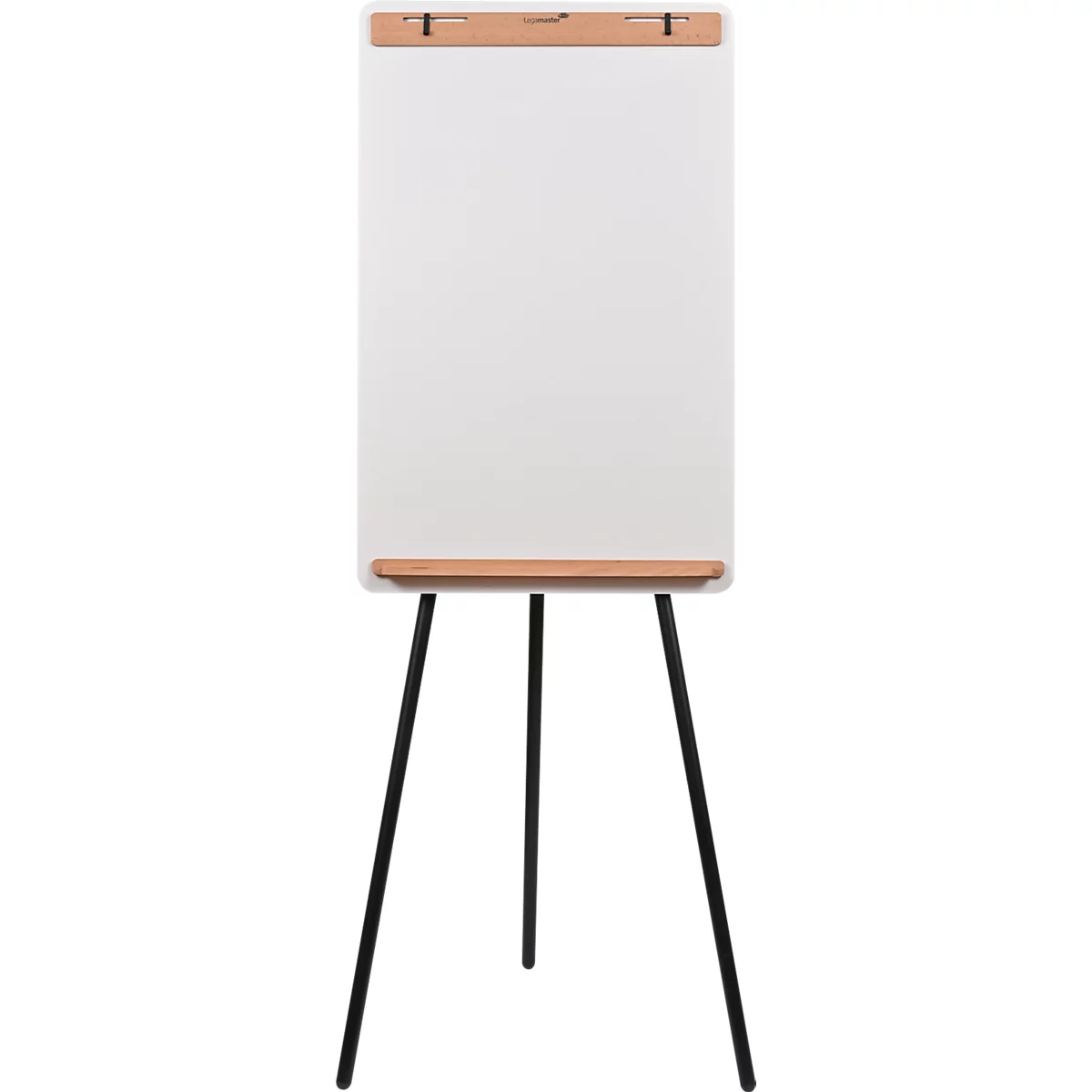 Tableau blanc avec détails en bois sur pieds noirs.