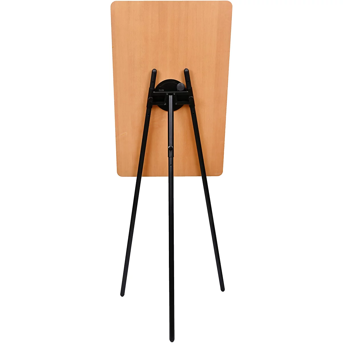 Vue arrière d'un tabouret chevalet en bois avec un cadre en métal noir. La planche de bois est brun clair. Le tabouret repose sur trois pieds.