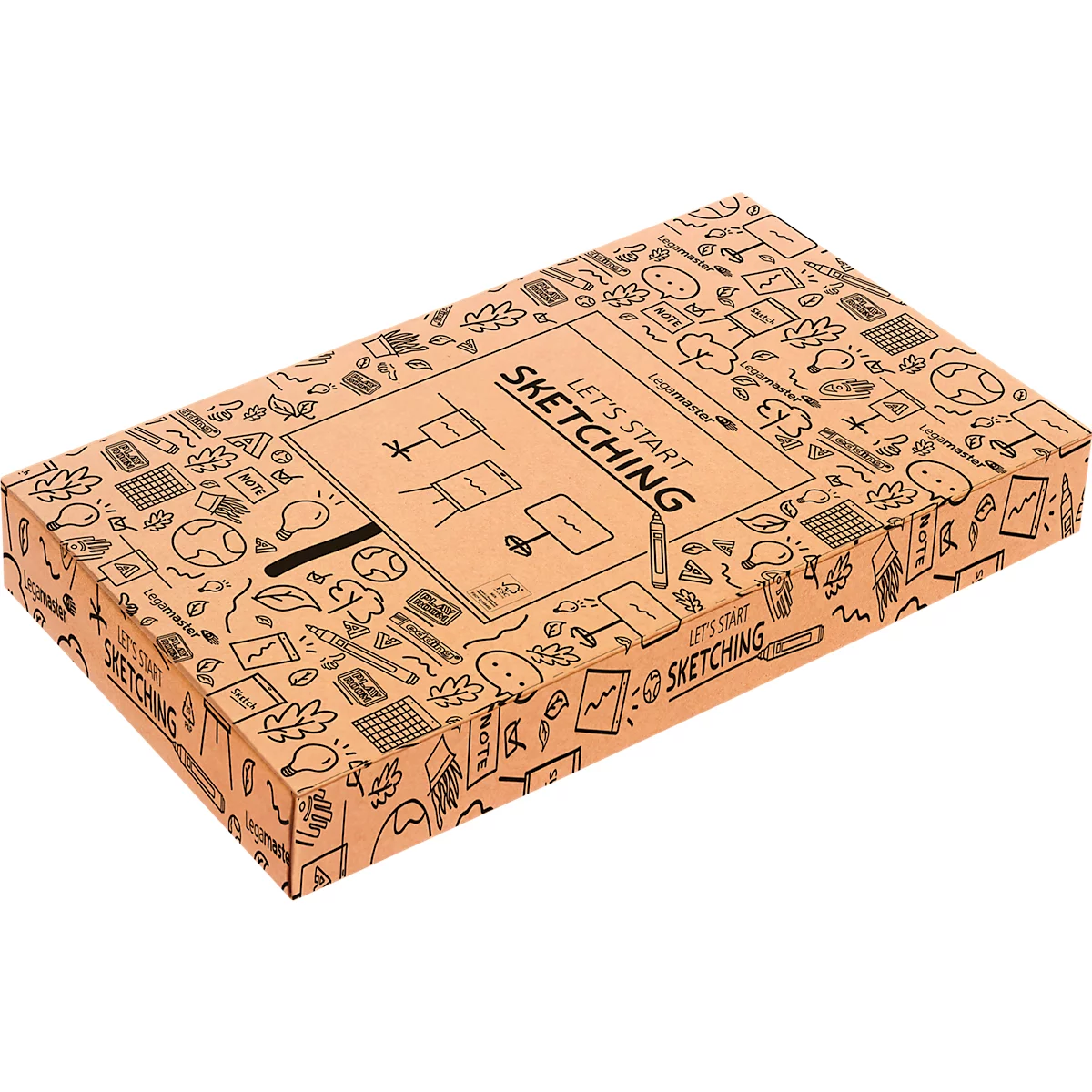 Bruine kartonnen doos met de tekst "Let's start sketching". Daarnaast zijn er veel kleine tekeningen afgebeeld.