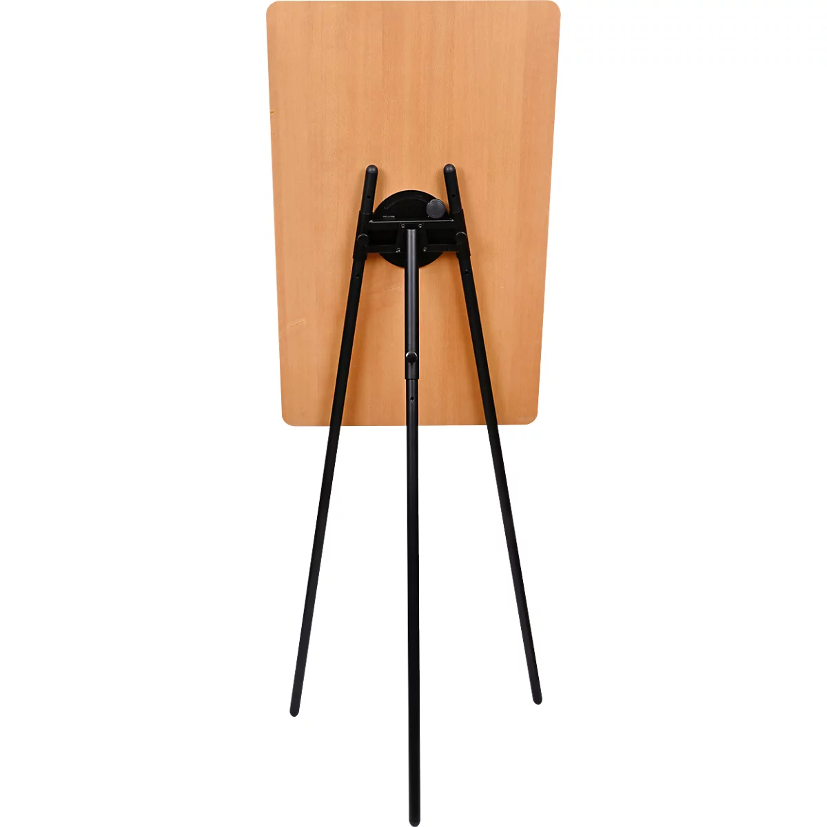 Achteraanzicht van een schildersezel. Een houten plank is verbonden met een zwart metalen frame.