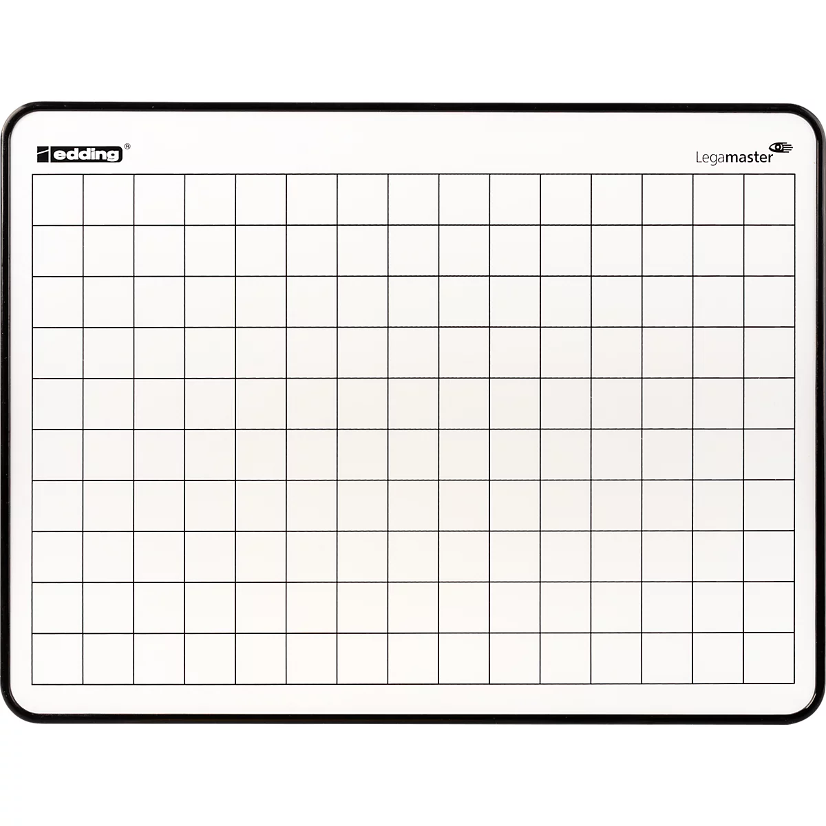 Rechteckige weiße Whiteboard-Tafel mit schwarzem Rastermuster und abgerundeten Ecken.