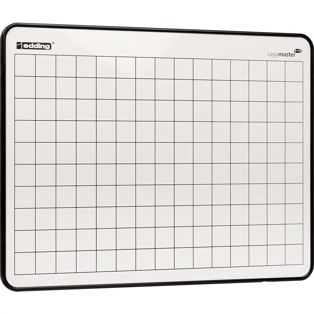 Weißes Whiteboard mit schwarzem Rahmen und aufgedrucktem Karomuster sowie Edding- und Legamaster-Logos.