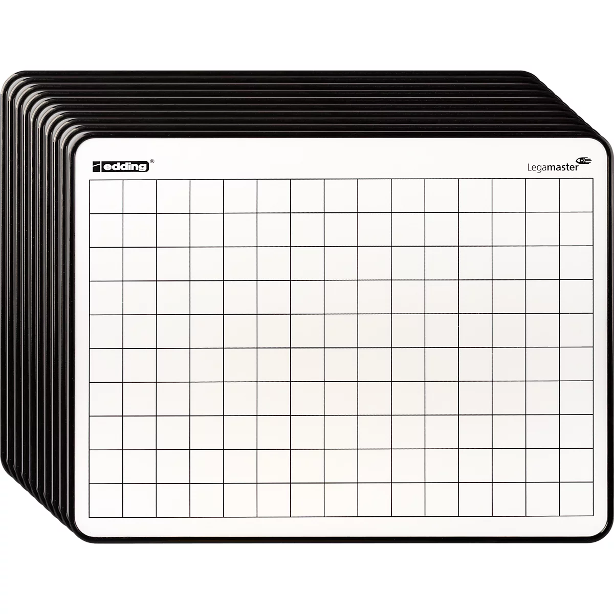 Stapel weißer Whiteboards mit schwarzem Rahmen und aufgedrucktem Raster.