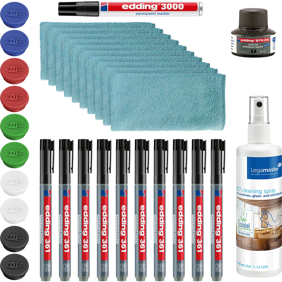 Ein Set mit zehn Edding-Boardmarkern, Reinigungsflüssigkeit, Mikrofasertüchern, Ersatzspitzen und einem Permanentmarker.