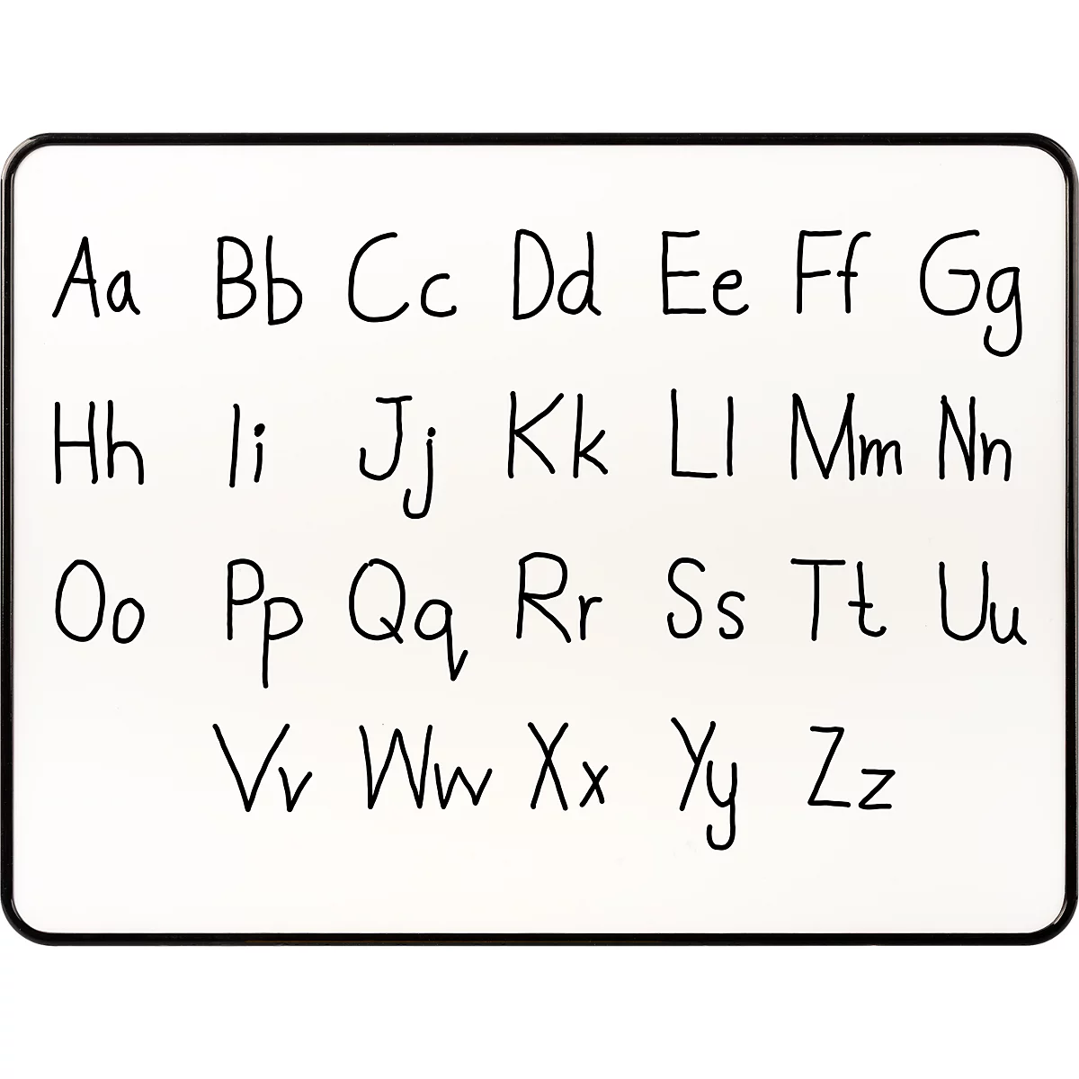Ein weißes Whiteboard mit dem handschriftlich geschriebenen Alphabet von A bis Z in Groß- und Kleinbuchstaben.