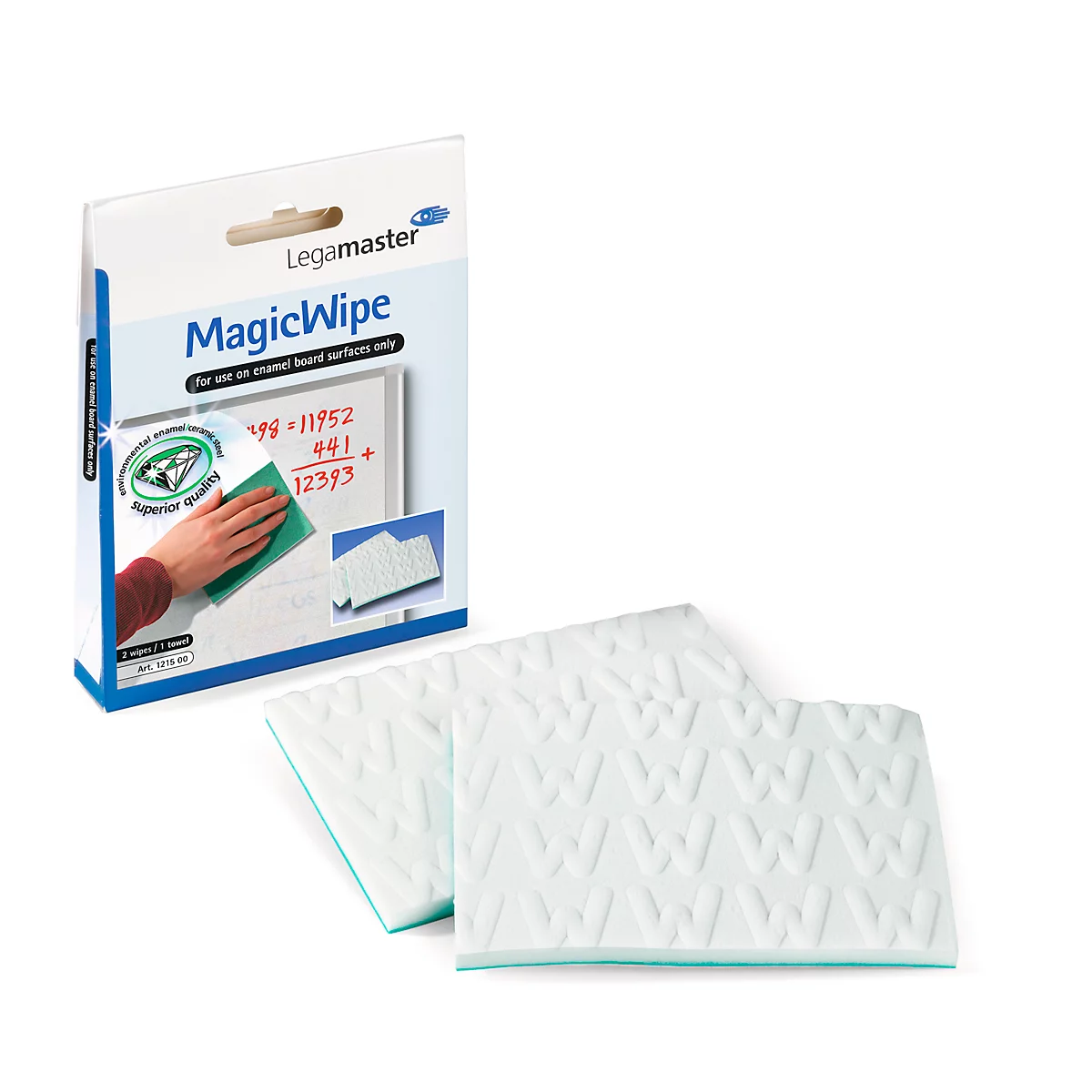 A pack of MagicWipe cleaning cloths next to two white cloths with a green border. The package shows a blackboard with arithmetic examples.