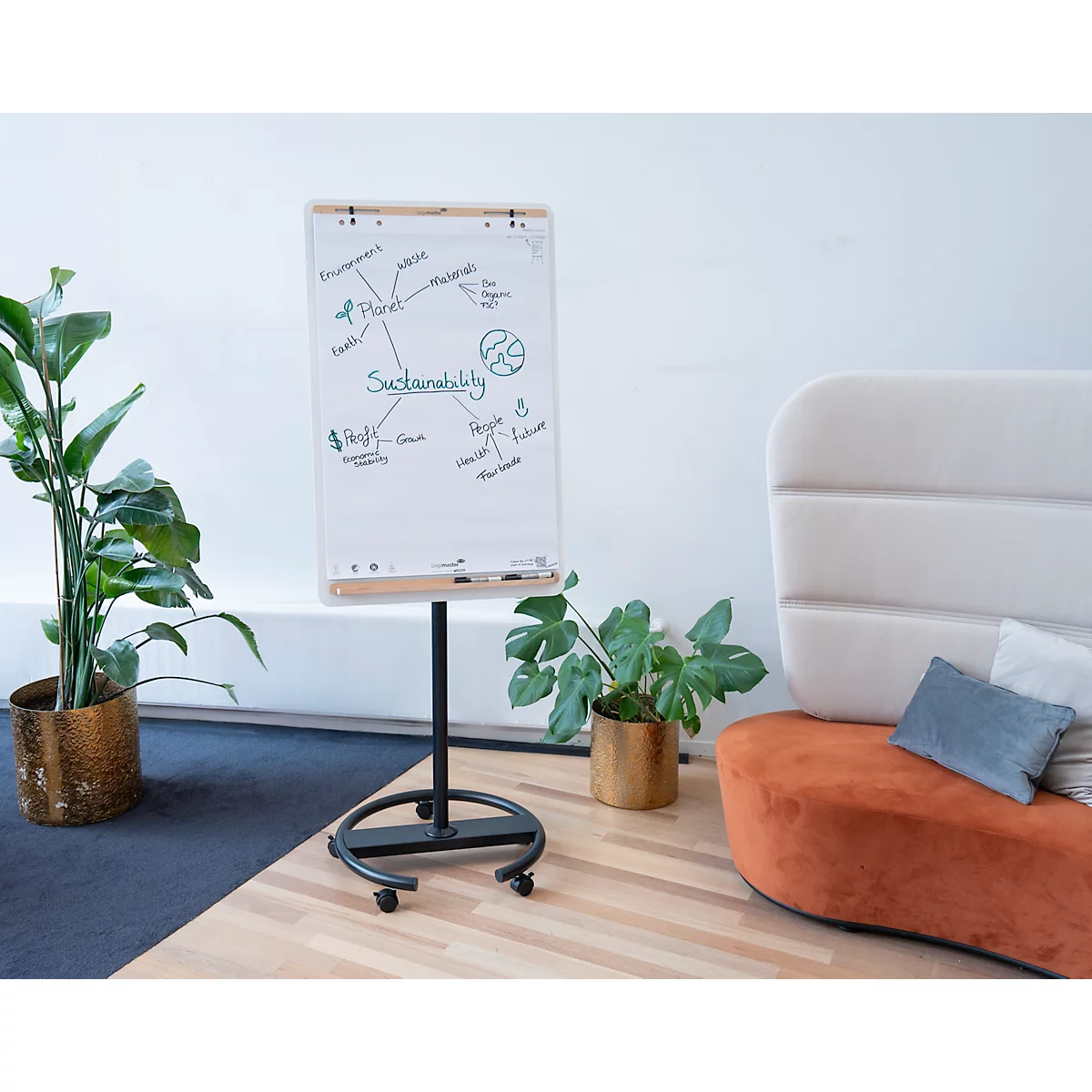 Flipchart mit Notizen zu Nachhaltigkeit, Pflanzen und gemütlicher Sitzecke.