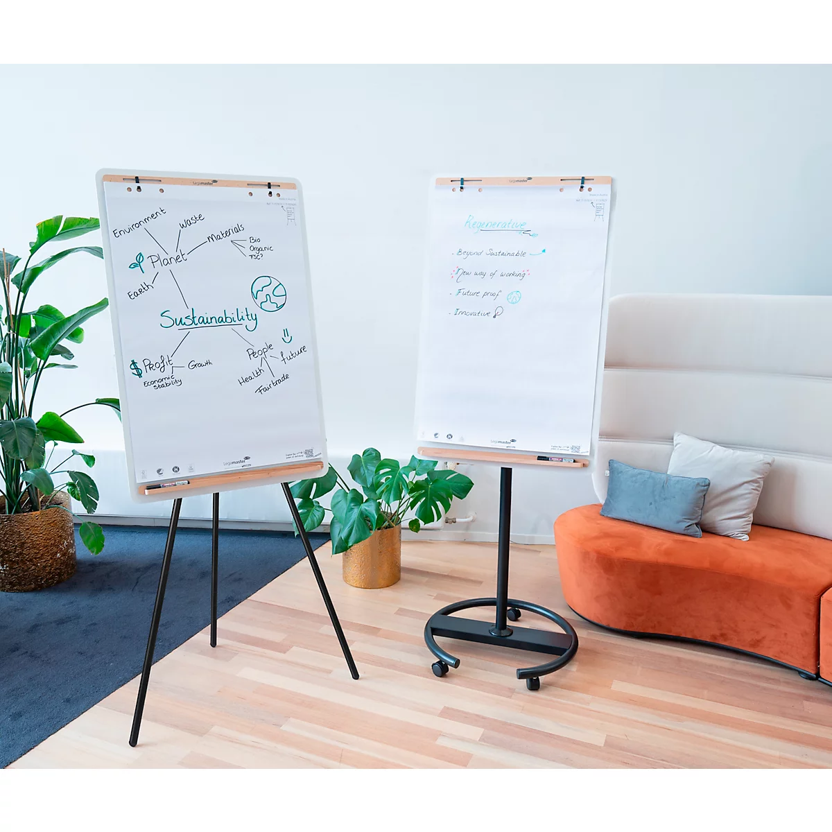 Zwei Flipcharts in einem Raum. Auf einem steht handschriftlich das Wort 'Sustainability'. Rechts ein Sofa und Pflanzen.