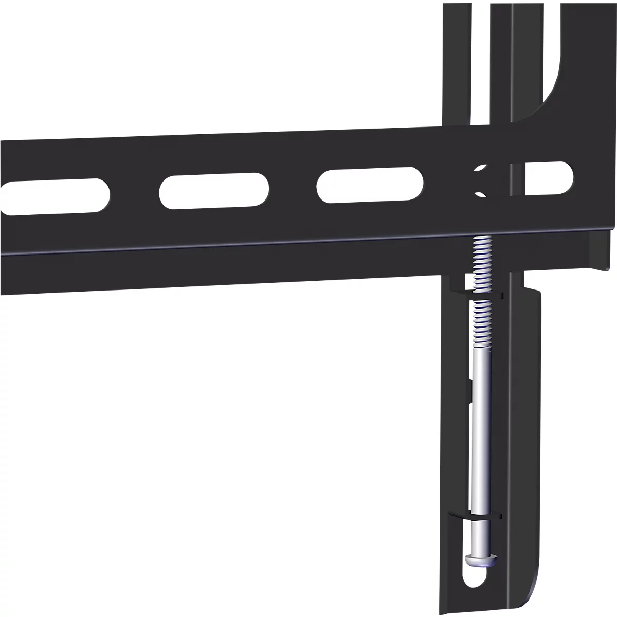 Zwarte metalen beugel met schroef en ovale gaten voor montage.