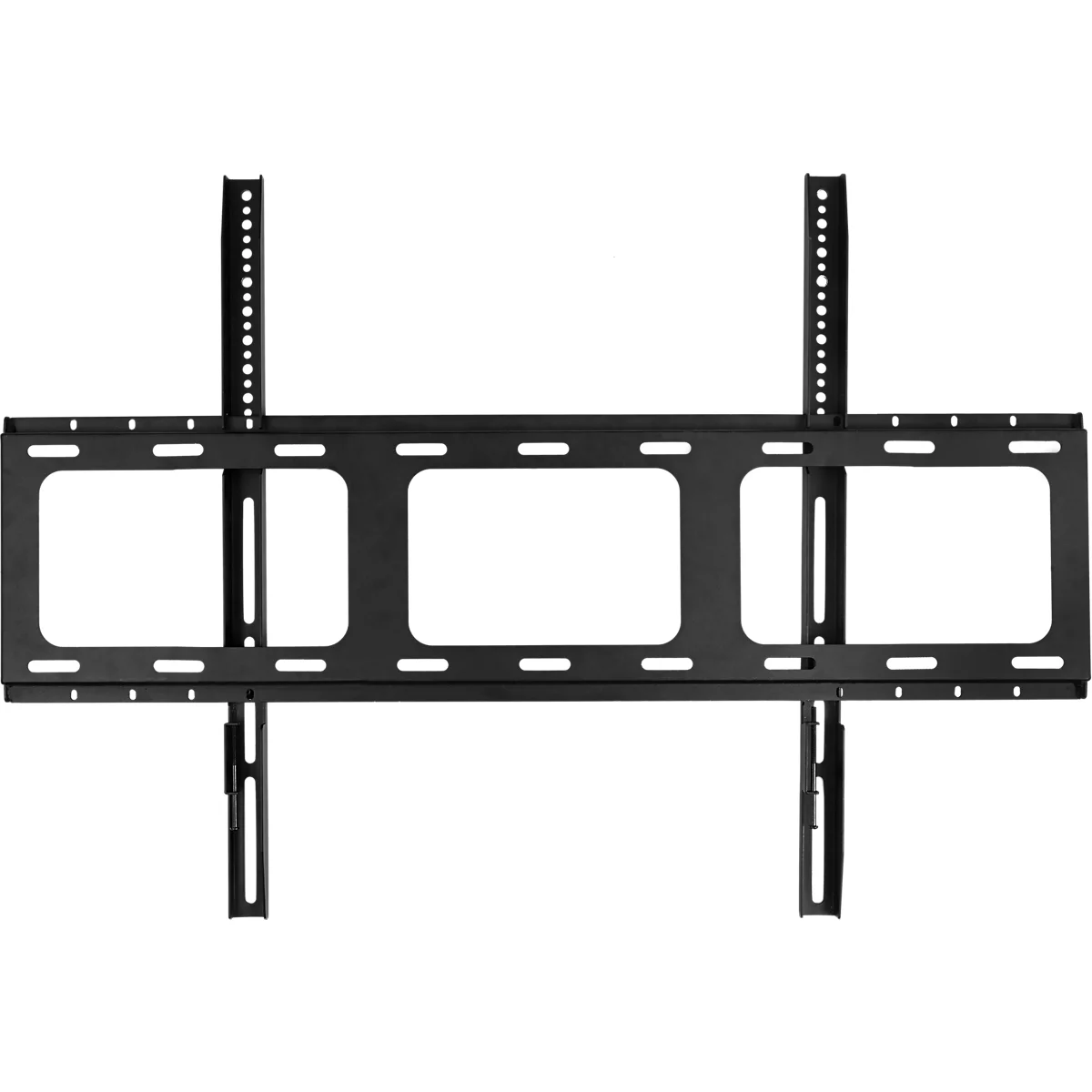 Schwarze TV-Wandhalterung, rechteckige Aussparungen, senkrechte Streben mit Lochreihen.