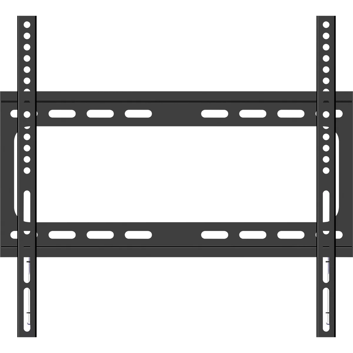 Schwarze TV-Wandhalterung, bestehend aus einem rechteckigen Rahmen mit zwei vertikalen Schienen mit Löchern.